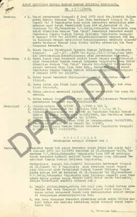 Surat Keputusan Gubernur Kepala DIY No. 303/1973 tanggal 28 Juli 11973 tentang mencabut tanah hak...