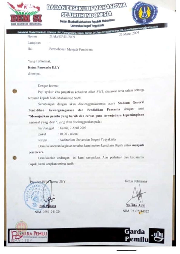 Surat Dari Badan Eksekutif Mahasiswa Uny Kepada Ketua Panwaslu Dan Kpu Tentang Permohonan 