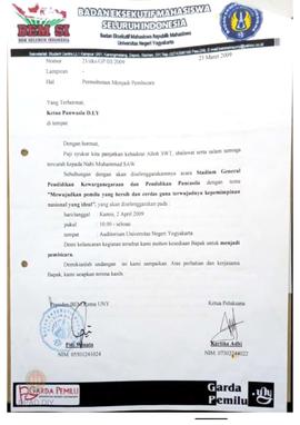 Surat dari Badan Eksekutif Mahasiswa UNY kepada Ketua  Panwaslu dan KPU tentang permohonan menjad...