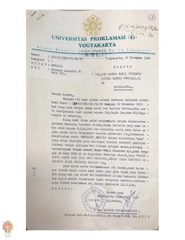 Surat nomor: 151/PJ/Rek/UPI/XI/80 dari Rektor Universitas Proklamasi (45) Yogyakarta kepada Wakil...