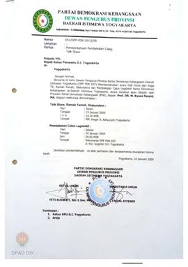 Surat masuk Nomor: 051/DPP-PDK-DIY/I/09 kepada Panwaslu DIY dari DPP Partai Demokrasi Kebangsaan,...