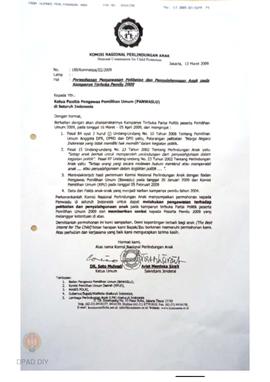 Surat dari Komnas Perlindungan Anak untuk Ketua  Panwaslu Provinsi Daerah Istimewa Yogyakarta per...