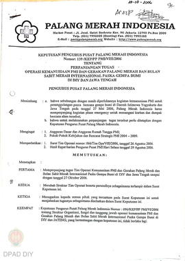 Keputusan Pengurus Pusat PMI No. 139/KEP/PPPMI/VIII/2006 tentang perpanjang tugas operasi kemanus...