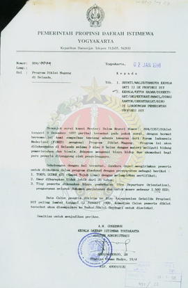 Surat dari Asisten Administrasi yang bertindak atas nama Gubernur Kepala Daerah Istimewa Yogyakar...