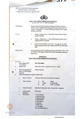 Surat dari Polda Daerah Istimewa Yogyakarta diajukan kepada Ketua  Panwaslu Propinsi Daerah Istim...