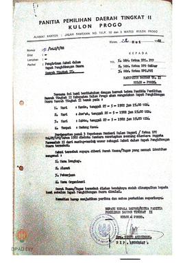 Surat dari Bupati/ Ketua Panitia Pemilihan Dati II Kulon Progo Nomor 93/LC.2/V/1982 tanggal 22 Me...