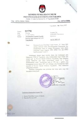 Surat dari KPU DIY untuk Panwaslu Provinsi DIY perihal penambahan jumlah pemilih karena tugas bel...