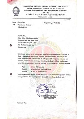Surat dari Kepala u.b. Sekretaris BP-7 Pemerintah Provinsi  Daerah Istimewa Yogyakarta kepada Ket...