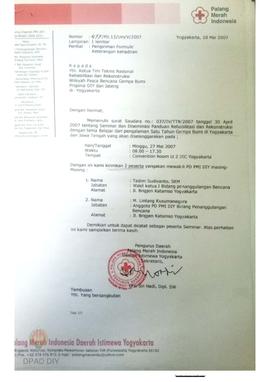 Surat dari pengurus daerah PMI DIY kepada Ketua Teknis Nasional Rehabilitasi dan Rekonstruksi Wil...