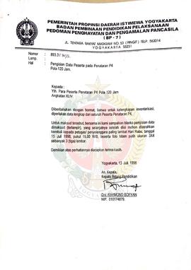Surat dari Kepala Bidang Pendidikan an. Kepala BP-7 Daerah Istimewa Yogyakarta kepada Para Pesert...