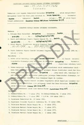 Surat Keputusan Gubernur DIY No. 87/Id2/KPTS/1986 tentang pemberian ijin kepada Pemerintah Kalura...