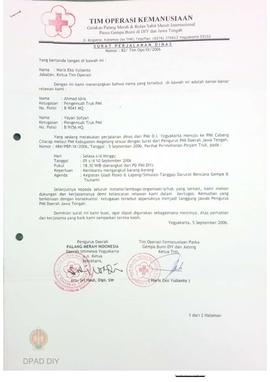 Surat No. 16/Tim OPK/IX/2006 mengenai permohonan ijin relawan pasca gempa bumi (pengemudi truk PMI)