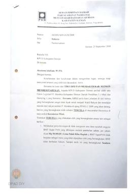 Surat  dari DPD Partai Amanat Nasional Sleman kepada KPUD Sleman perihal pemberitaan Caleg  berna...