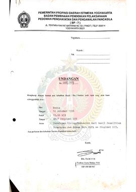Surat undangan dari Kepala BP-7 Pemerintah Provinsi Daerah Istimewa Yogyakarta kepada – dalam aca...