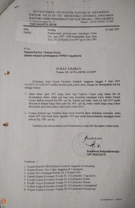 Surat Edaran dari Kantor Wilayah Direktur Jenderal Kantor Perbendaharaan dan Kas Negara Yogyakart...