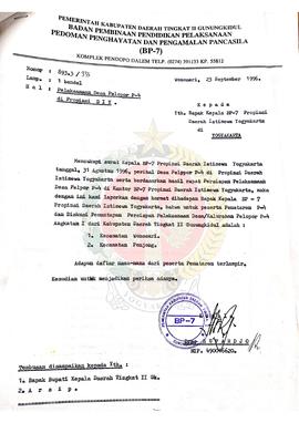 Surat dari Kepala BP-7 Kabupaten Daerah Tingkat II Gunungkidul (Drs. Supardjo) kepada Kepala BP-7...