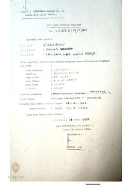 Panitia pemilihan Daerah TK. II Kabupaten Kulon Progo No. 108/LC 3/VI/82 tentang surat Izin kenda...