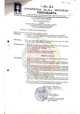 Surat Keputusan Rektor Universitas Islam Indonesia Yogyakarta Nomor : 89/B.VI/Rek/1992 tentang Pa...