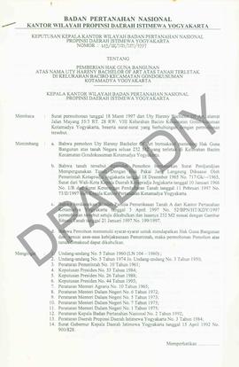 Surat Keputusan Kepala Kantor Wilayah Badan Pertanahan Nasional Provinsi DIY. No : 145 /SK / HGB ...