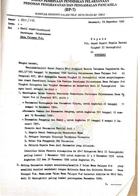 Surat dari Kepala BP-7 Kabupaten Daerah Tingkat II Gunungkidul kepada Kepala BP-7 Daerah Istimewa...