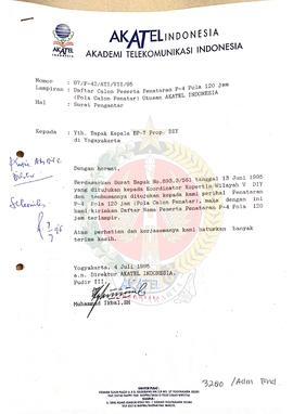Surat dari Direktur Akademi Teknologi Telekomunikasi (Akatel) Indonesia kepada Kepala BP-7 Provin...
