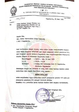 Surat dari Kepala BP-7 Daerah Istimewa Yogyakarta kepada Rektor Universitas Islam Indonesia (UII)...