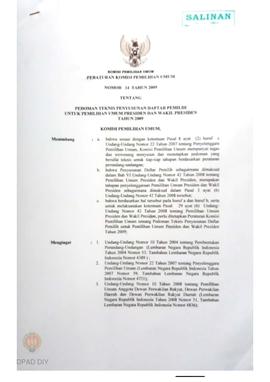 Salinan Peraturan Komisi Pemilihan Umum No. 14 Tahun 2009 tentang Pedoman Teknis Penyusunan Dafta...