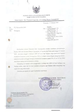 Surat dari Panitia Panwaslu Gunung Kidul kepada Ketua  Panwaslu Provinsi Daerah Istimewa Yogyakar...