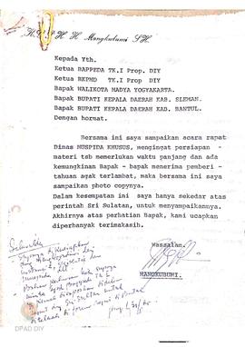 Surat pengantar dari KGPH.H. Mangkubumi, SH kepada Ketua Bappeda Tingkat II, Ketua BKPMP Tingkat ...