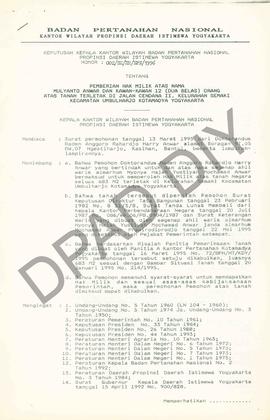 Surat Keputusan Kepala   Kantor Wilayah BPN Provinsiinsi DIY                   No : 002/SK/HM/BPN...