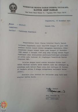 Berkas surat dari Kepala Kantor Arsip Daerah Provinsi Daerah Istimewa Yogyakarta perihal pelaksan...