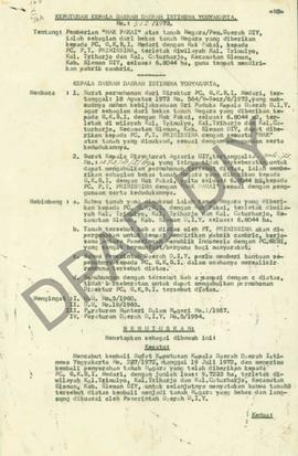 Surat keputusan Kepala Daerah DIY no. 312/1973 tanggal 20 Agustus 1973, tentang pemberian hak pak...