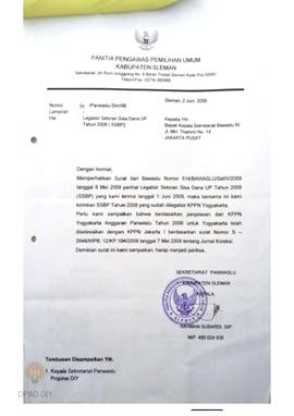 Surat  dari Panitia Pengawas Pemilihan Umum Kabupaten Sleman Nomor : 99/Panwaslu-Sleman/09 tentan...