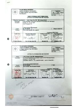 Surat otorisasi pembayaran pembelian voucher guna operasional Tim PSP PMI Bantul periode 16 s.d. ...