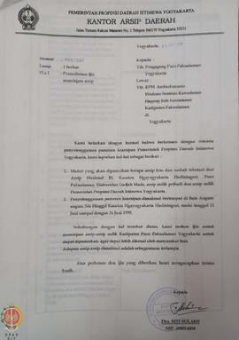 Berkas surat perihal penyelenggaraan pameran arsip pada 11-26 Juni 1999 di Bale Angun-Angun Siti ...