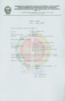 Surat Tugas Nomor : 893.3/1786 dan Sekretris BP-7 Pemerintah Provinsi Daerah Istimewa Yogyakarta ...