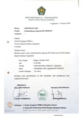 Surat masuk No: 038/PKPB.DIY/II/09 dari DPD Propinsi DIY PKPB perihal Pemberitahuan Agenda DPD PK...