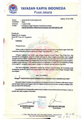 Surat dari Yayasan Karya Indonesia Pusat Jakarta kepada Drs. H. Samirin (Kepala BP-7 Provinsi Dae...