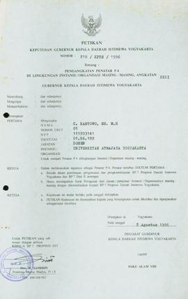 Keputusan Gubernur Kepala Daerah Istimewa Yogyakarta Nomor: 219/KPTS/1996 Tentang Pengangkatan Pe...