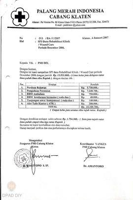 Surat otorisasi/bukti pembayaran untuk pembayaran perdiem relawan wound care PMI cabang Klaten pe...