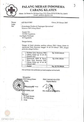 Surat otorisasi/bukti pembayaran kepada recovery cabang Klaten untuk pembayaran perdiem relawan b...