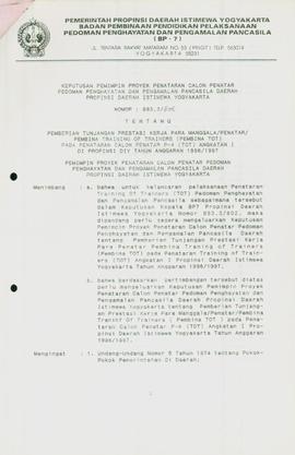 Berkas Keputusan Pemimpin Proyek Penataran Calon Penatar P-4 Daerah Istimewa Yogyakarta nomor: 89...