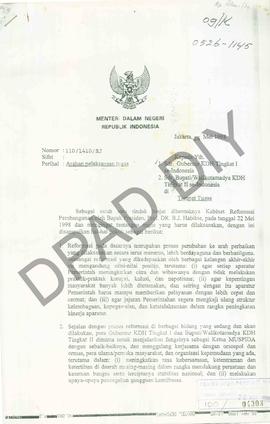 Surat Menteri Dalam Negeri kepada Gubernur se-Indonesia tentang arahan pelaksanaan tugas Kabinet ...