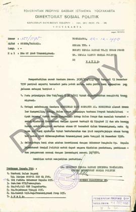 Surat dari Kepala Direktorat Sosial Politik, Sugeng Kadarusman SH atas nama Gubernur Kepala Daera...