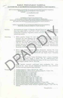Surat Keputusan Kepala Kantor Wilayah Badan Pertanahan Nasional Provinsi DIY. No : 136 /SK / HGB ...