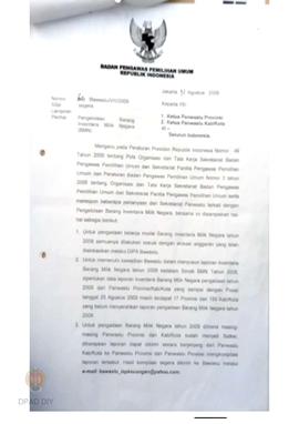 Surat dari Badan Pengawas Pemilihan Umum RI kepada Ketua  Panwaslu Provinsi dan Ketua  Panwaslu K...