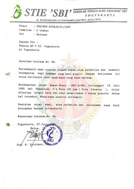 Surat dari Ketua   Sekolah Tinggi Ilmu Ekonomi Solusi Bisnis Indonesia (STIE SBI) kepada Kepala B...