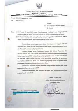Surat dari Panwaslu Kabupaten Bantul tentang rekomendasi berita acara aturan KPU tentang kampanye...