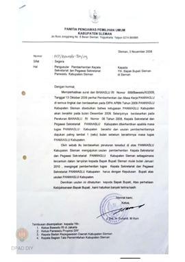 Surat dari Panitia Pengawas Pemilihan Umum Kabupaten Sleman No: 147/Panwaslu-Slm/09 perihal pengu...