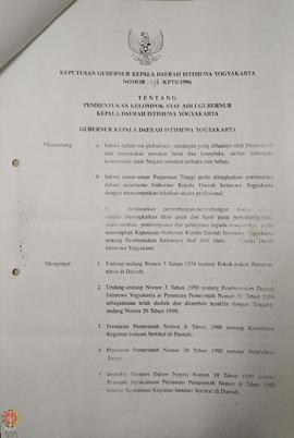 Surat Keputusan Gubernur Kepala Daerah Istimewa Yogyakarta Nomor : 198/KPTS/ 1996 tentang Pembent...
